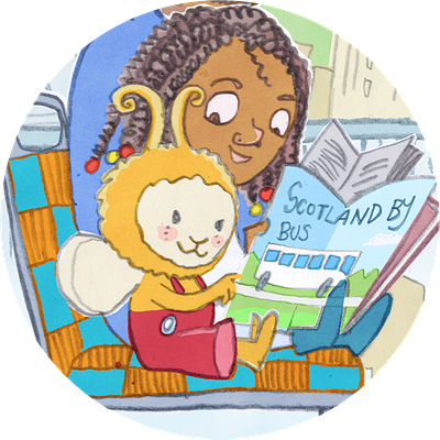 Bookbug sits next to a little girl on a bus reading a book called 'Scotland by bus'